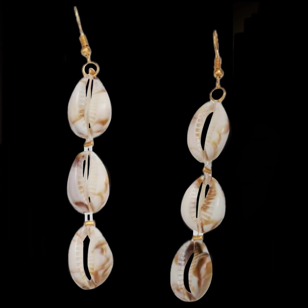 “Marbled Cowrie Shell” Univalve Sea Snail Mollusk Cowry Puka Seashell Earrings - Picture 3 of 7